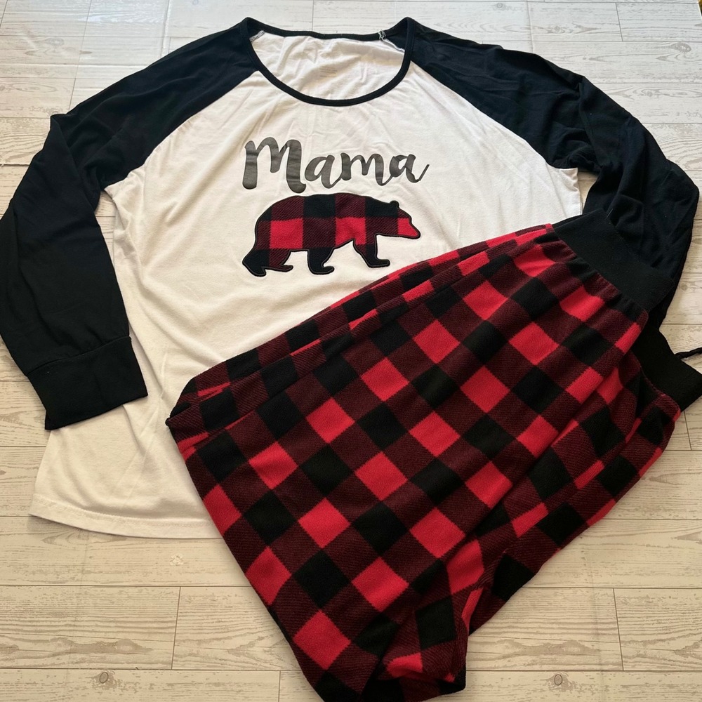 Jolly Jammies Pajama Set Womens 2X Red Black Mama Bear Buffalo Plaid Cabincore